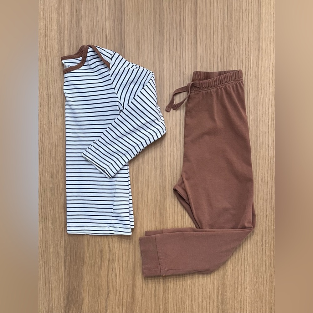 H&M, kid’s cotton pajama set, striped brown, white and navy blue, size 3/4